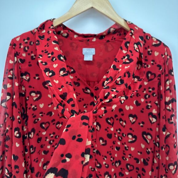 Chico's Blouse Womens Medium Red Heart Leopard Print Button Up Shirt Tie Front - Picture 7 of 10